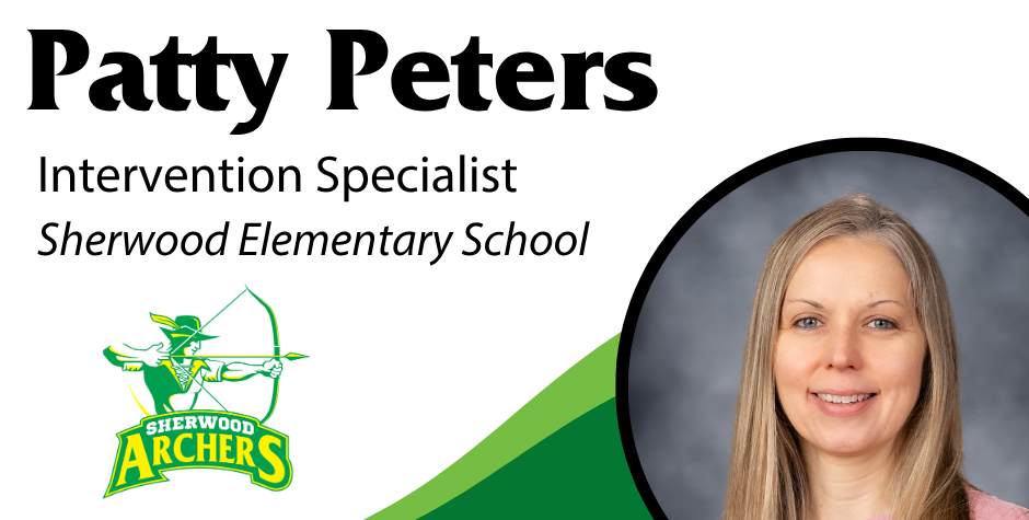 photo of Patty Peters, Intervention Specialist, Sherwood Elementary School with the Sherwood logo